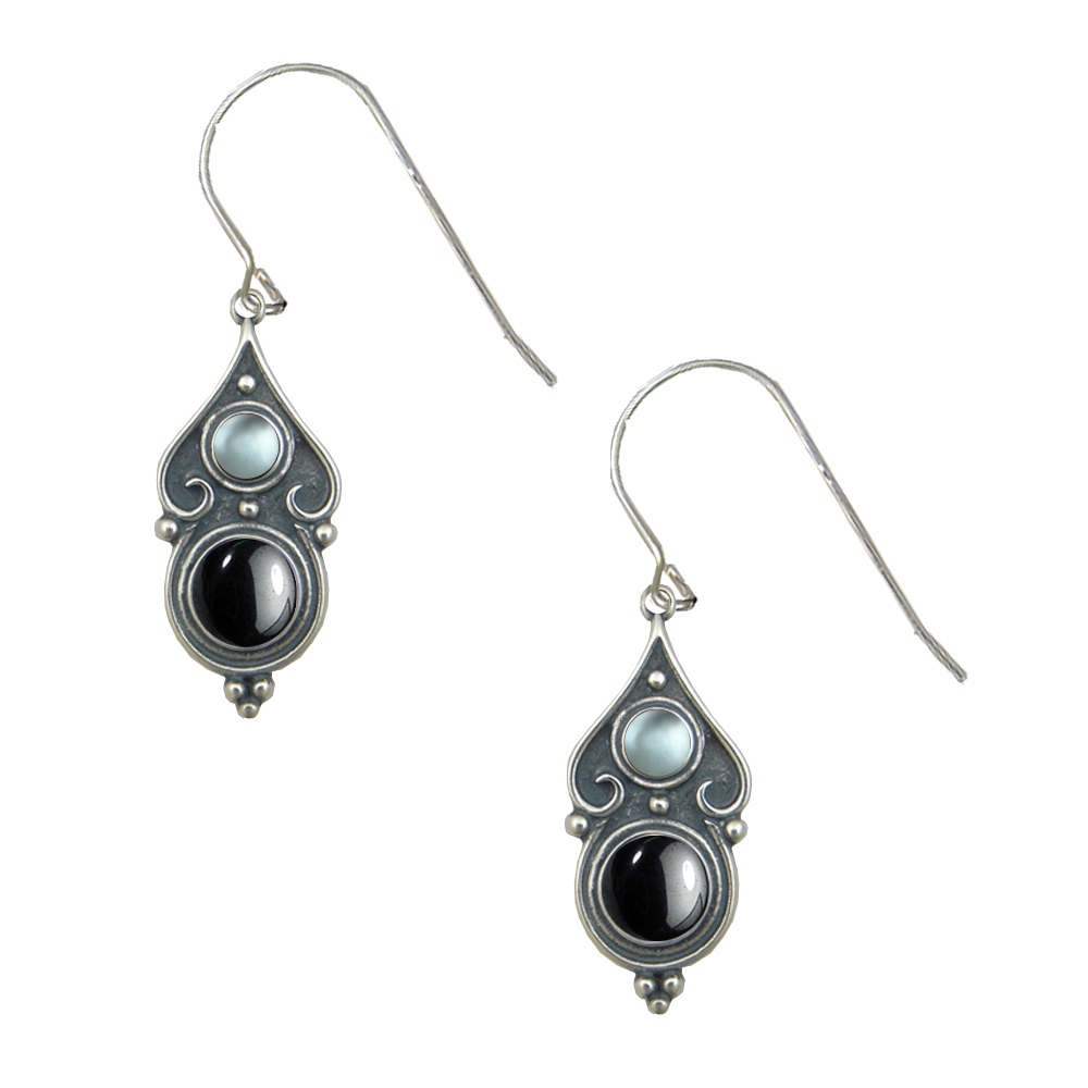 Sterling Silver Designer Post Stud Earrings With Hematite And Blue Topaz